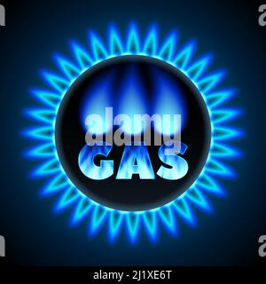 Gas burner with a blue flame of pure gas. With GAS nightingale and blue flame texture. Top view close-up. 3d realistic vector illustration. Stock Vector