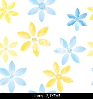 Floral pattern. Flower in color of ukrainian flag seamless watercolor drawn background. Flourish ornamental wallpaper concept design of no war, peace Stock Vector