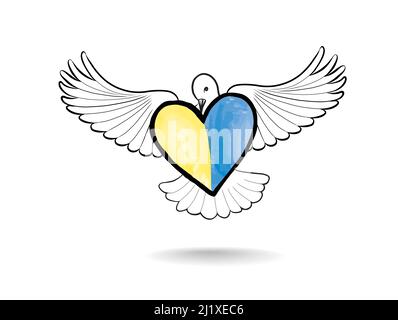 Symbol of peace dove with heart in colors of Ukrainian flag. Stay with peace icon. The concept of no war, peace in Ukraine. Stock Vector