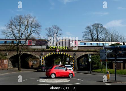 An Arriva CrossCountry Voyager train crossing the Warwick New Road railway bridge, Leamington Spa, UK Stock Photo