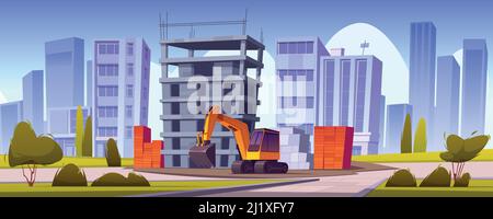 Construction site with unfinished house and excavator. Vector cartoon illustration of cityscape with building works, stacks of brick and digger. Proce Stock Vector