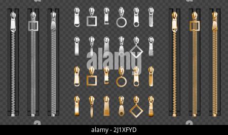 Metal zip fasteners, silver golden zippers with differently shaped puller and closed black fabric tape, clothing hardware isolated on transparent back Stock Vector