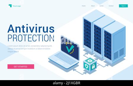 Antivirus protection isometric landing page. Cyber data security, server room connected with laptop through protected hub, computing internet digital Stock Vector