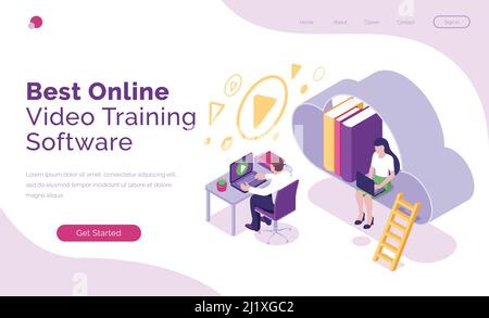 Online video training software isometric landing page, business people or students studying via internet using laptops. Computer programs for distant Stock Vector