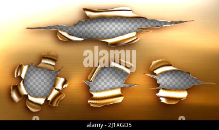 Torn holes, ragged cracks in golden sheet. Vector realistic mockup of ripped edges of metal break, bullet holes isolated on transparent background. Da Stock Vector