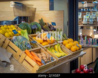 Fruit and vegetable stall in Old Spitalfields Market, London, Stock Photo