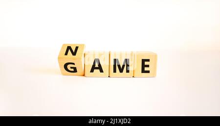 Name of the game symbol. Wooden blocks with concept words Name Game. Beautiful white table white background. Business and name of the game concept. Co Stock Photo