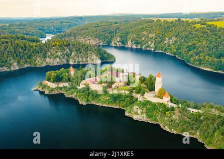 Panoramic view of Zvikov Castle on the hill surrounded by river Vltava and Otava in South Bohemia region in Czech Republic. Stock Photo