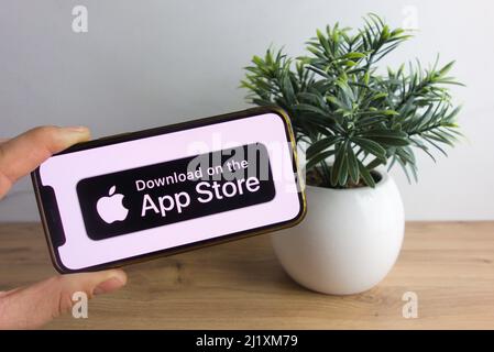 KONSKIE, POLAND - March 26, 2022: text Download on the App Store displayed on mobile phone Stock Photo