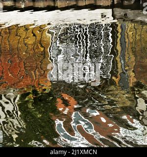 British waterway abstract photograph showing reflected pattern, texture, shape, and movement, with a colour pallette showing in light forms of mirrore Stock Photo