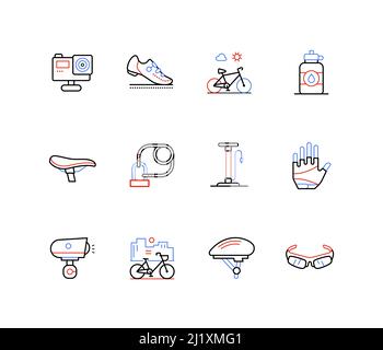 Bicycle rides and cyclists - line design style icons Stock Vector