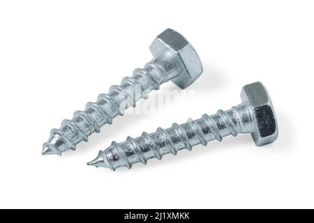 Powerful steel self-tapping screws with a turnkey hexagon head isolated on white Stock Photo