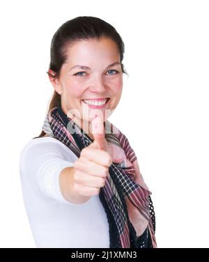 Thats great. Portrait of a pretty young woman showing you the thumbs up. Stock Photo