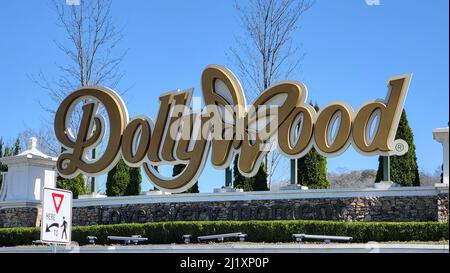 The entrance to Dollywood with the amusement park logo. Dollywood is Dolly Parton's famous amusement park located in the Smoky Mountains. Stock Photo