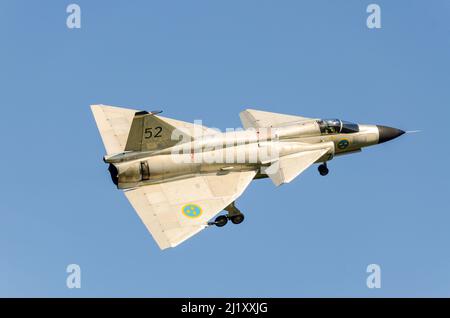 Saab Viggen, Swedish classic jet fighter plane of the Swedish Air Force Historic Flight, flying at RAF Waddington airshow. Saab AJS37 Viggen SE-DXN Stock Photo