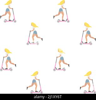 Vector seamless pattern of flat cartoon girl riding a scooter isolated on white background Stock Vector