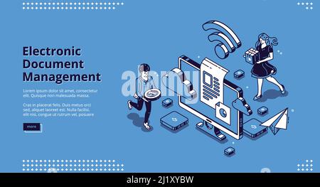 Electronic document management banner. Online paperwork storage, digital system of paper organization. Vector landing page of manage business document Stock Vector