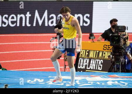 Belgrade, Serbia, 20th March 2022. Armand Duplantis of Sweden celebrates during the World Athletics Indoor Championships Belgrade 2022 - Press Conference in Belgrade, Serbia. March 20, 2022. Credit: Nikola Krstic/Alamy Stock Photo