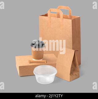 Coffee Cup and Food Boxes Isolated  on White Background Stock Photo