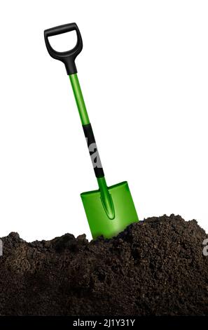a pile of soil with a shovel, isolated on a white background Stock Photo