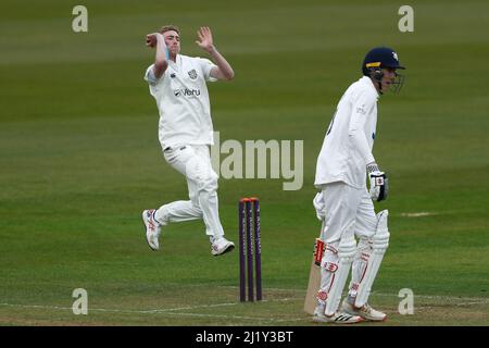 CHESTER LE STREET, UK. MAR 28TH Oliver Gibson of Durham bowls during the Friendly match between Durham and Yorkshire at Emirates Riverside, Chester le Street on Monday 28th March 2022. (Credit: Will Matthews | MI News) Credit: MI News & Sport /Alamy Live News Stock Photo