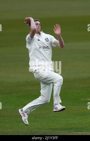 CHESTER LE STREET, UK. MAR 28TH Oliver Gibson of Durham bowls during the Friendly match between Durham and Yorkshire at Emirates Riverside, Chester le Street on Monday 28th March 2022. (Credit: Will Matthews | MI News) Credit: MI News & Sport /Alamy Live News Stock Photo
