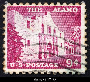 UNITED STATES OF AMERICA - CIRCA 1954: a stamp printed in the United States of America shows The Alamo mission, the place of pivotal event in the Texa Stock Photo