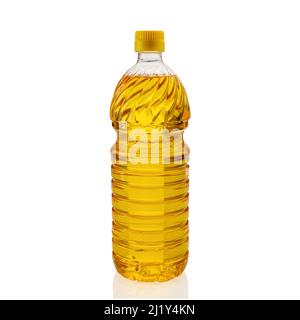 Vegetable oil in plastic bottle, corn oil for frying and cooking, isolated on white, clipping path Stock Photo