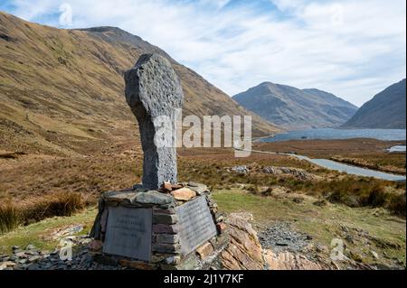 Doolough Valley, Ireland- March 19, 2022: The memorial of the Doolough Valley 1849 Irish Famine Tragedy in the mountains of County Mayo Stock Photo