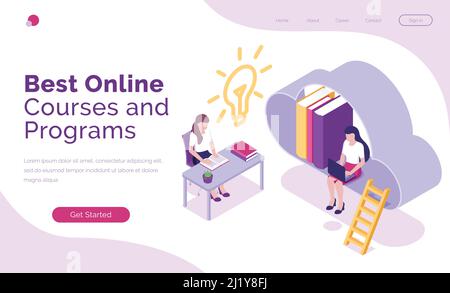 Online courses and programs isometric landing page, students or business people studying via internet. Computer software, video training for distant e Stock Vector