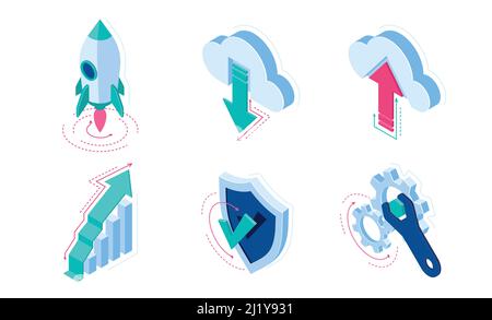Isometric icons rocket take off, cloud download or upload data, grow arrow column chart, shield with check mark and wrench with gears. Infographics el Stock Vector