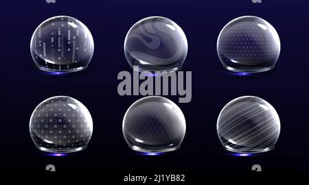 Force shield bubbles, energy glowing spheres or defense dome fields. Science fiction various deflector elements, firewall absolute protection isolated Stock Vector