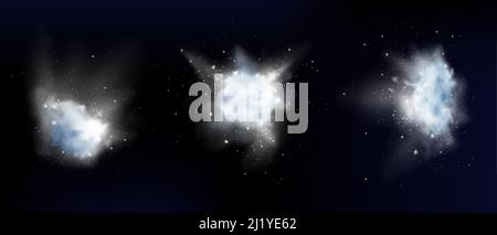 Snow powder white explosion, ice or snowflakes splash clouds, design elements for christmas, new year holidays, winter season promo isolated on dark b Stock Vector
