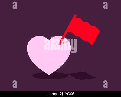 Love heart with red flag - warning metaphor to avoid romance, amorousness and affectionateness because of negative problem, trouble and difficulty. Ve Stock Photo