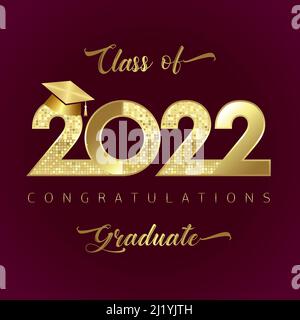 Class of 2022 year graduating congrats. Class off holiday, shiny digits. Golden hat, pixel texture, calligraphic text. Isolated abstract graphic Stock Vector
