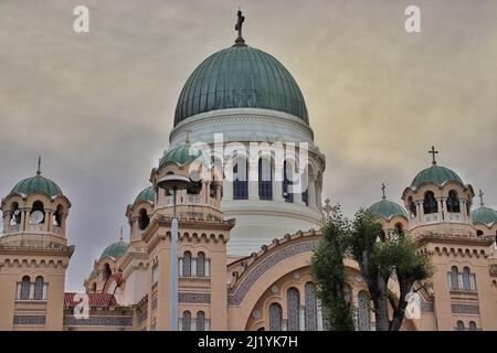 A low angle shot of St. Andrew's Cathedral on a cloudy day in Patras, Greece Stock Photo