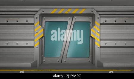 Metal door with glass windows, sliding gates in spaceship interior. Closed shuttle, futuristic bunker or secret laboratory entrance with yellow markup Stock Vector