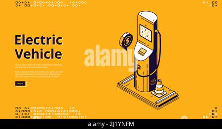 Electric vehicle banner. Concept of eco fuel, green energy for transport. Vector landing page of charging electric car battery with isometric illustra Stock Vector