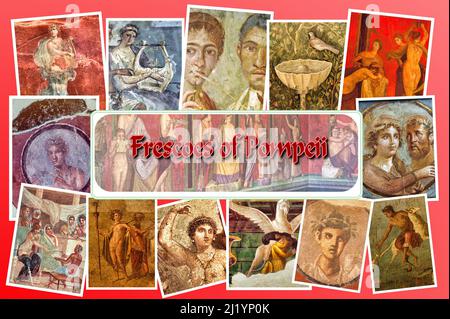 A collection of the most beautiful frescoes found in Pompeii, an ancient Roman city destroyed by the eruption of the Vesuvius volcano. Stock Photo