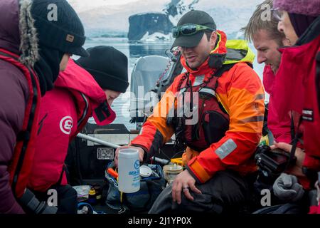 Guests from Antarctic cruise ship take part in citizen scientists project, Collecting plankton samples, ocean temperature and water clarity off Danco Stock Photo