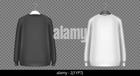Black and white sweatshirts, longsleeves shirts isolated on transparent background. Vector realistic mockup of sweaters, men pullover in front view. B Stock Vector