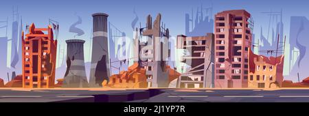 Destroyed buildings on city street after war or natural disaster. Vector cartoon illustration of abandoned broken houses with smoke and cracked road. Stock Vector