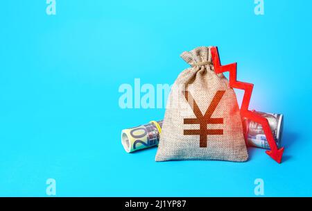 Chinese yuan or japanese yen money bag and arrow down. Drop in profits. Decrease in interest rate deposit rate. Low real incomes, economic difficultie Stock Photo