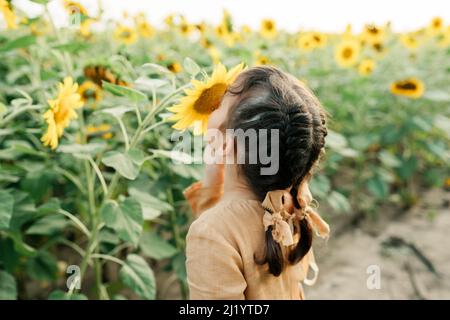Sunny mood in summertime. Child among sunflowers Stock Photo
