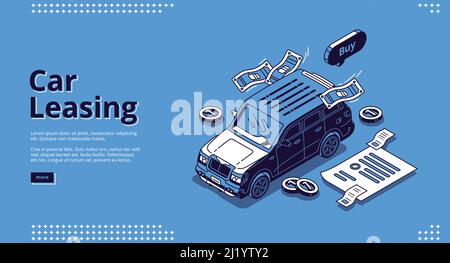Car leasing isometric landing page, automobile lease or hire service. Vehicles rent, exhibition transport with scatter coins and payment contract docs Stock Vector