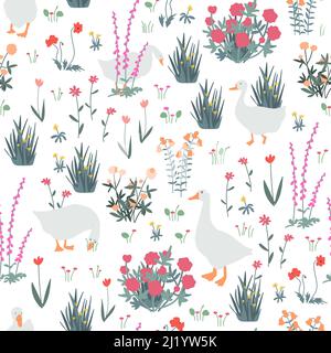 Cute seamless pattern with goose and doodle flowers. Geese in the spring garden. Vector illustration Stock Vector