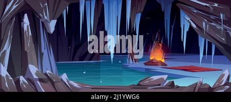 Bonfire in dark ice cave with snow, frozen water and icy crystals. Vector cartoon winter landscape with deep stone cavern in mountain, rocks, campfire Stock Vector