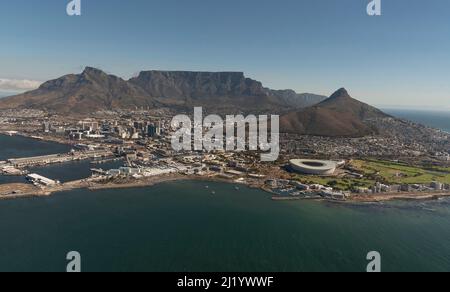 Cape Town South Africa. 2022. Aerial view of Table Mountain, the city and waterfront foreshore of Cape Town. Stock Photo