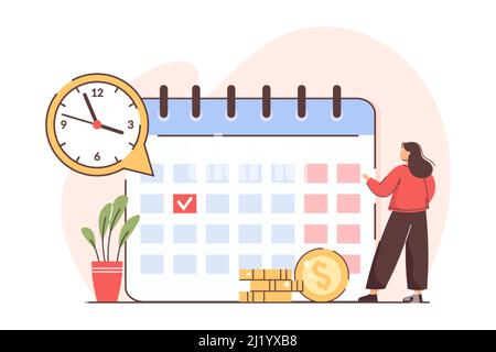 Flat personal financial bill payment calendar. Woman check pay schedule or payroll. Tax, loan, deadline debt or income due date concept. Payday in time for employee. Monthly budget or salary planning. Stock Vector