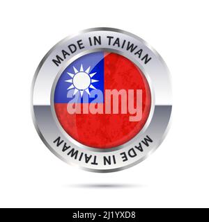 Glossy metal badge icon, made in Taiwan with flag Stock Vector